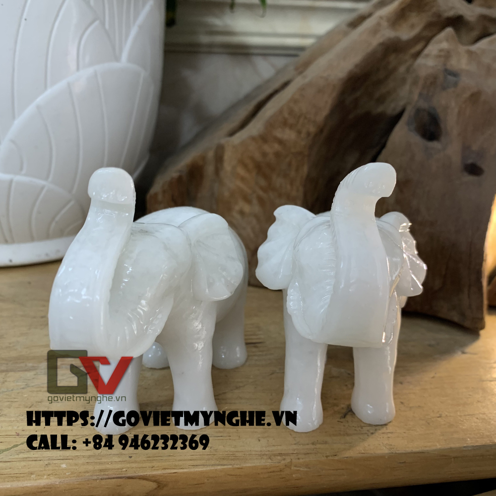 [Tượng con voi] Cặp 2 Tượng voi đá phong thủy trang trí nhà cửa dáng voi vòi hướng lên - Dài 11cm - Trắng đá non nước