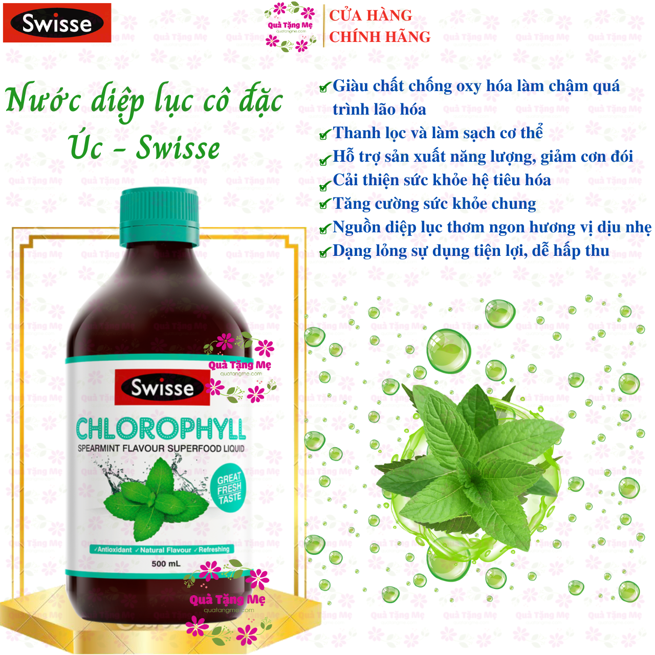 Nước diệp lục cô đặc Úc Swisse Chlorophyll hỗ trợ làm chậm quá trình lão hóa, cải thiện sức khỏe da, tăng cường sức khỏe chung - QuaTangMe Extaste