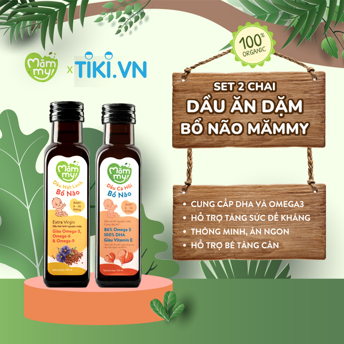 Combo 2 chai dầu cá hồi Na Uy và dầu hạt lanh hữu cơ ép lạnh Mămmy bổ não cho bé ăn dặm giàu omega 3, dha, chai 100ml