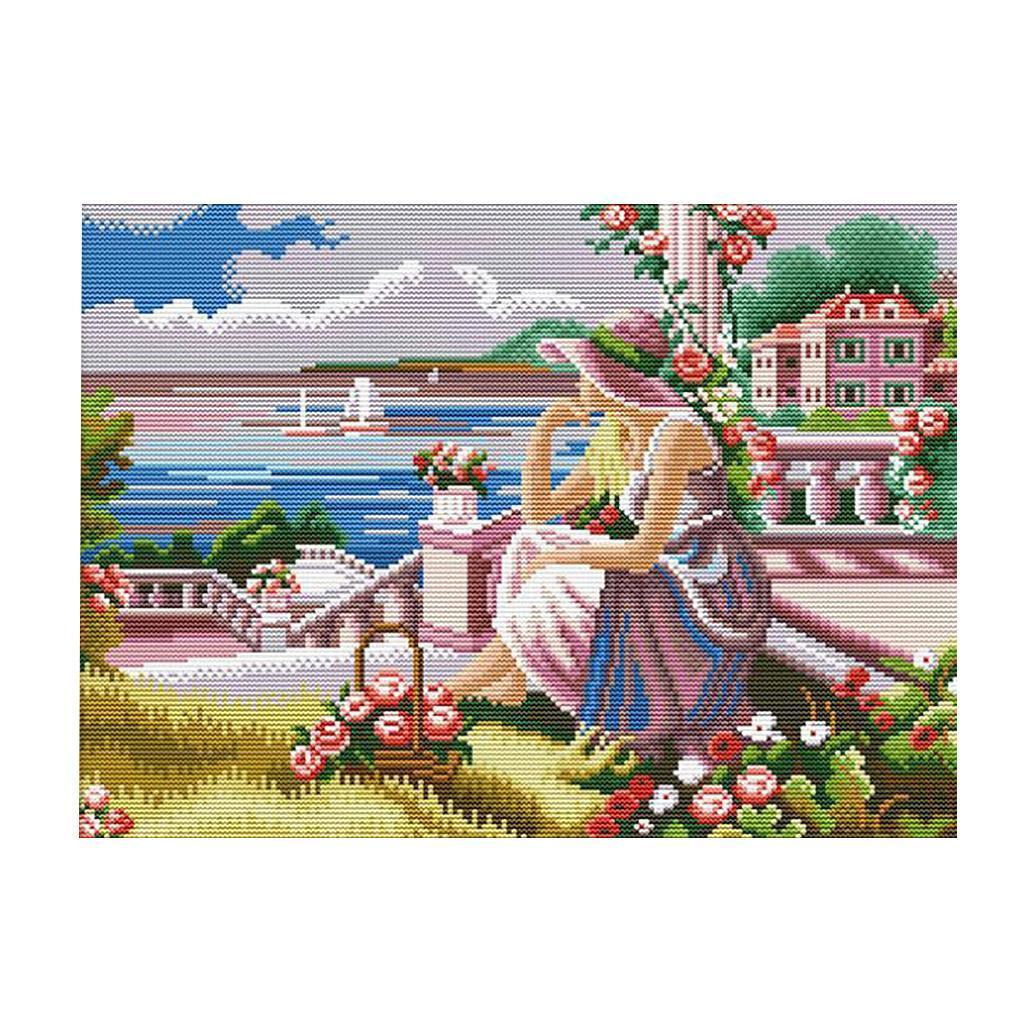 Stamped Cross Stitch Kit Pre-Printed Pattern Embroidery Kits - Flower & Girl