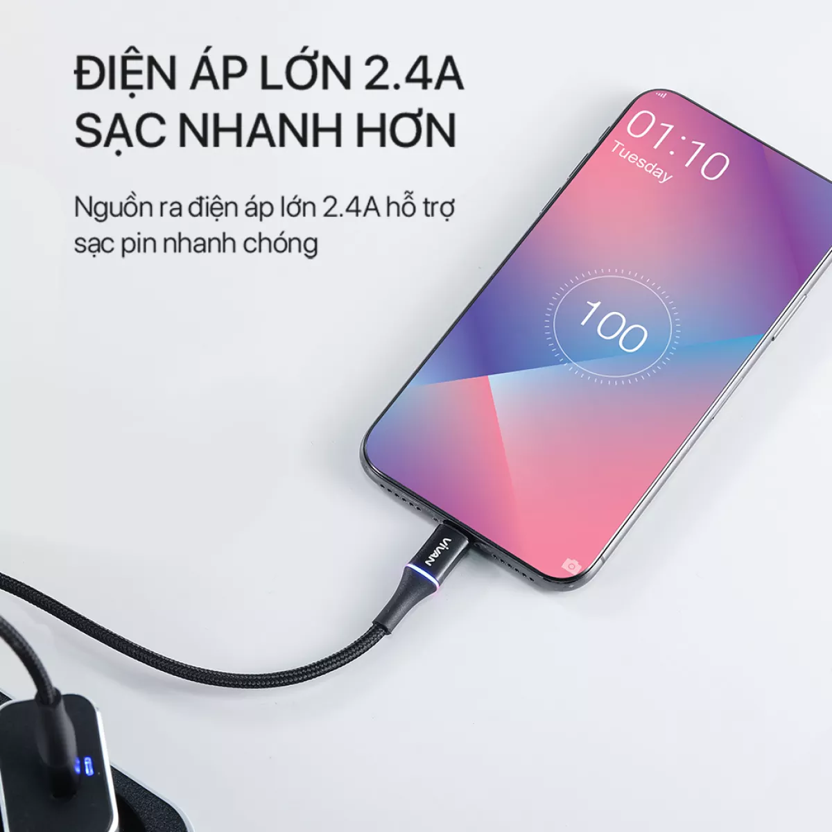 Cáp Sạc Nhanh VIVAN 2.4A Sạc và Truyền Dữ Liệu 2in1 Đèn LED Đổi Màu - Hàng chính hãng