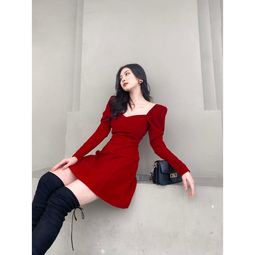 Đầm tay bồng dài cổ tim chất nhung Hàn ôm A