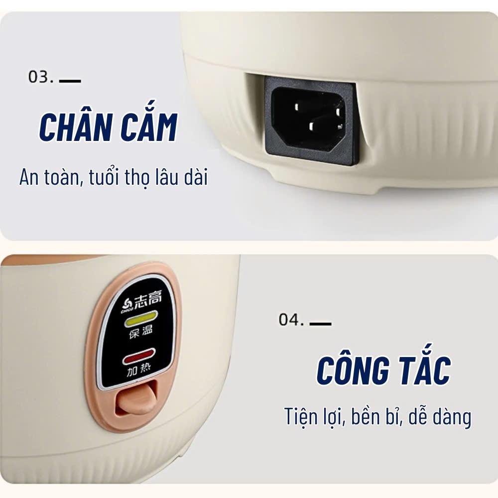Nồi Cơm Điện Mini Chigo Nồi Lấu Đa Năng, Nấu Cơm, Hầm Cháo, Luộc Dung Tích 0,8L dành cho 1 người ăn