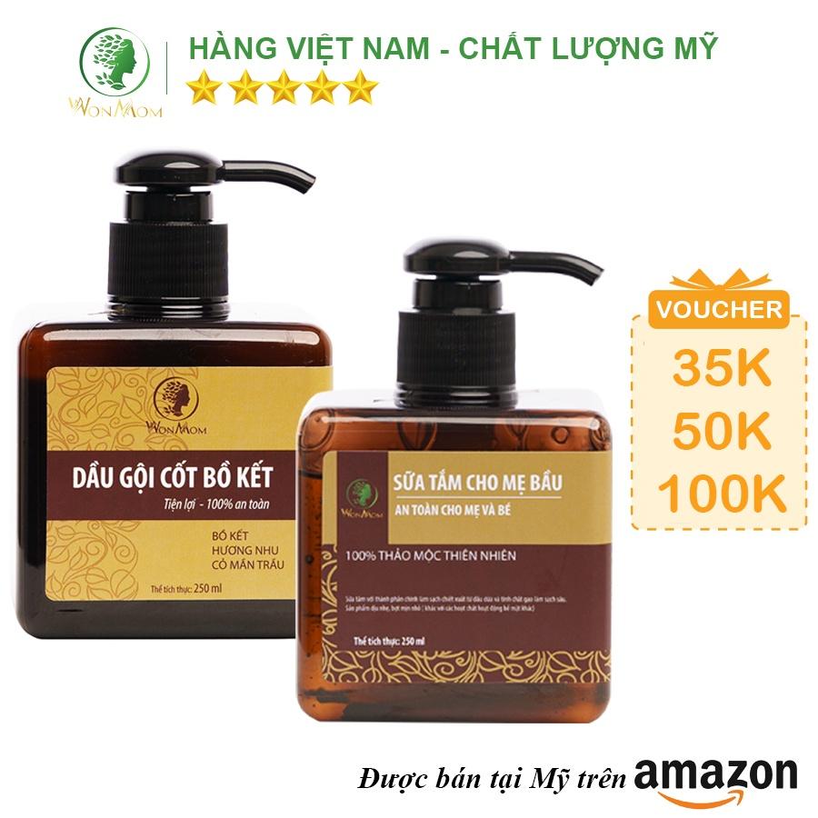 Bộ dưỡng thơm tho body và làm sạch cơ thể Wonmom ( 1 dầu gội cốt bồ kết + 1 sữa tắm thảo dược )