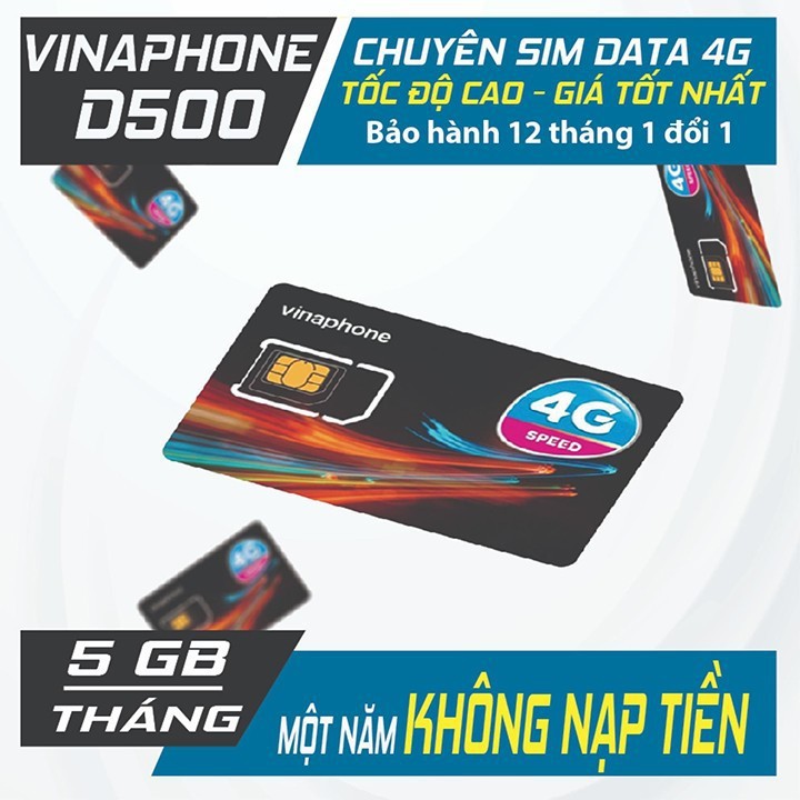 Sim 4G Vinaphone D500 – D219 – Tặng 5GB/tháng Trọn Gói 1 Năm Không Cần Nạp Tiền – Có Thể Nghe Gọi Hàng Chính Hãng