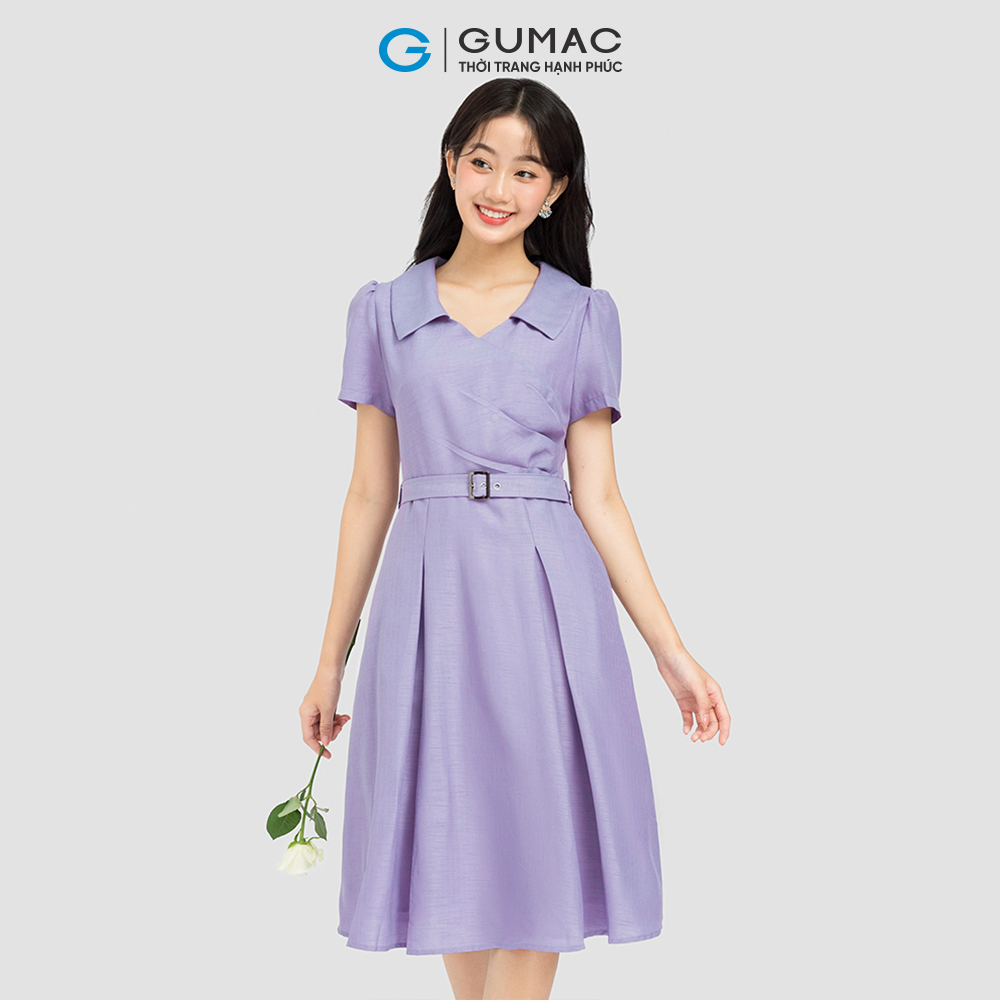 Đầm form A xếp ly eo phối dây eo GUMAC DC12054