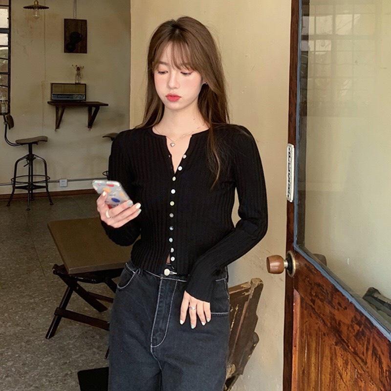 Áo len đũa hàng cúc nổi bật Quảng Châu cực xinh, Áo Khoác Cardigan Nữ Cổ Tròn Phối Cúc Lấp Lánh