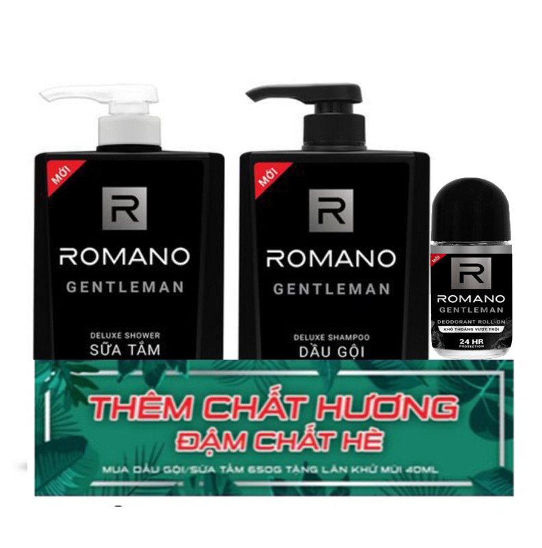 Combo dầu gội và sữa tắm Romano Gentlemen 650g*2 tặng kèm lăn khử mùi 40ml