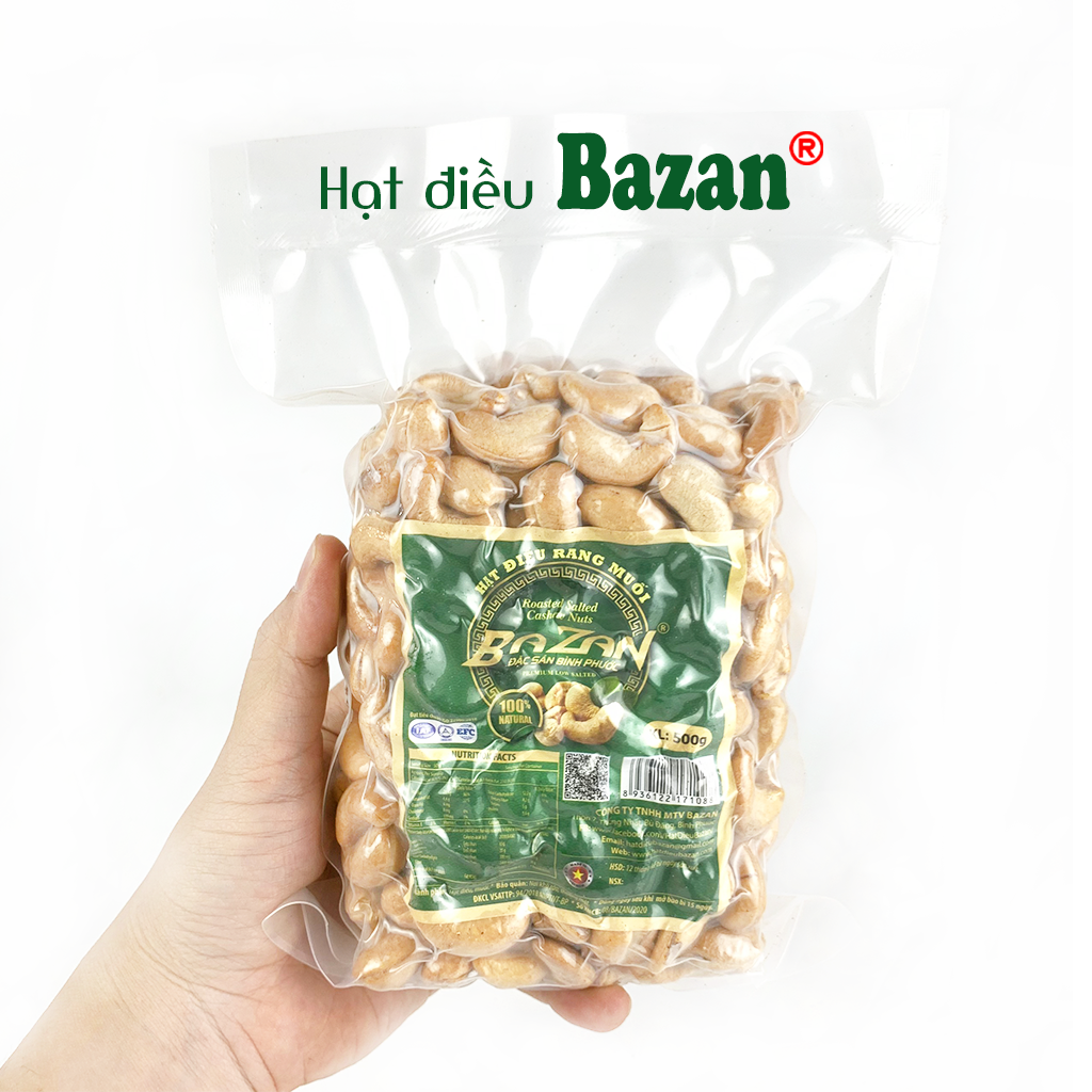 Hạt điều rang muối Bazan Bình Phước nguyên hạt dinh dưỡng A+ loại 1 túi hút chân không 500g sạch vỏ lụa