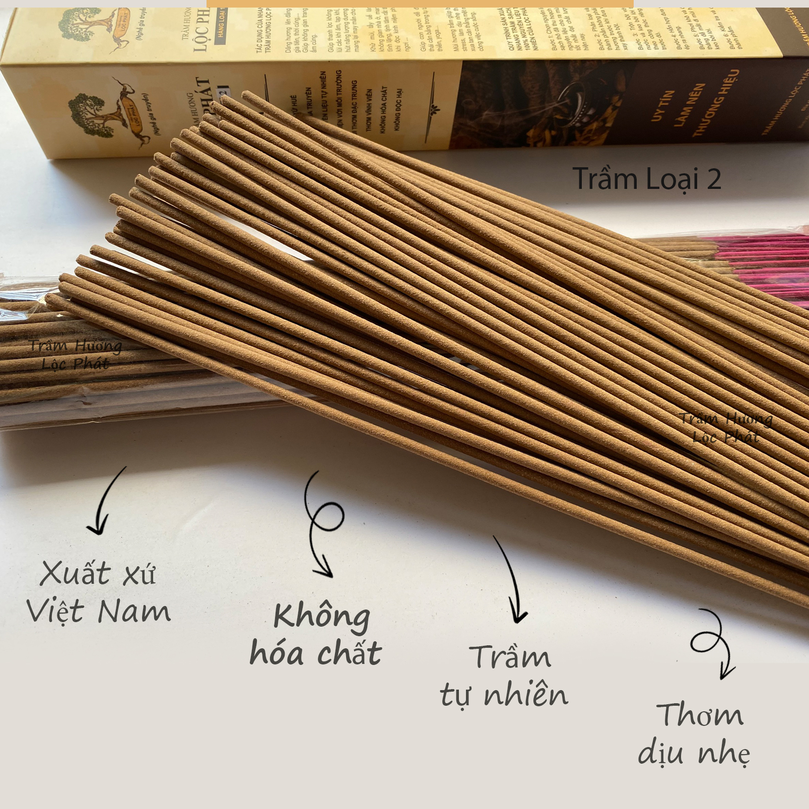 Nhang Sạch Trầm Hương Lộc Phát - Trầm Tự Nhiên Loại 2 (hộp 100 cây)