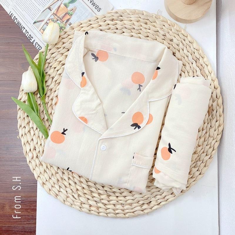 Bộ đồ ngủ nữ, bộ đồ pizama dài tay chất liệu xốp đũi Hàn mềm.