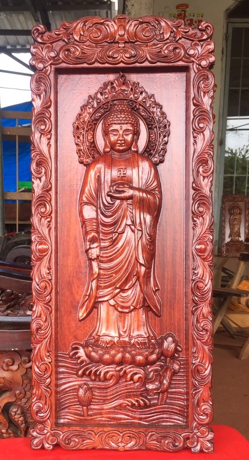 Tranh phật A Di Đà gỗ Hương đỏ, Gõ đỏ 30x69cm