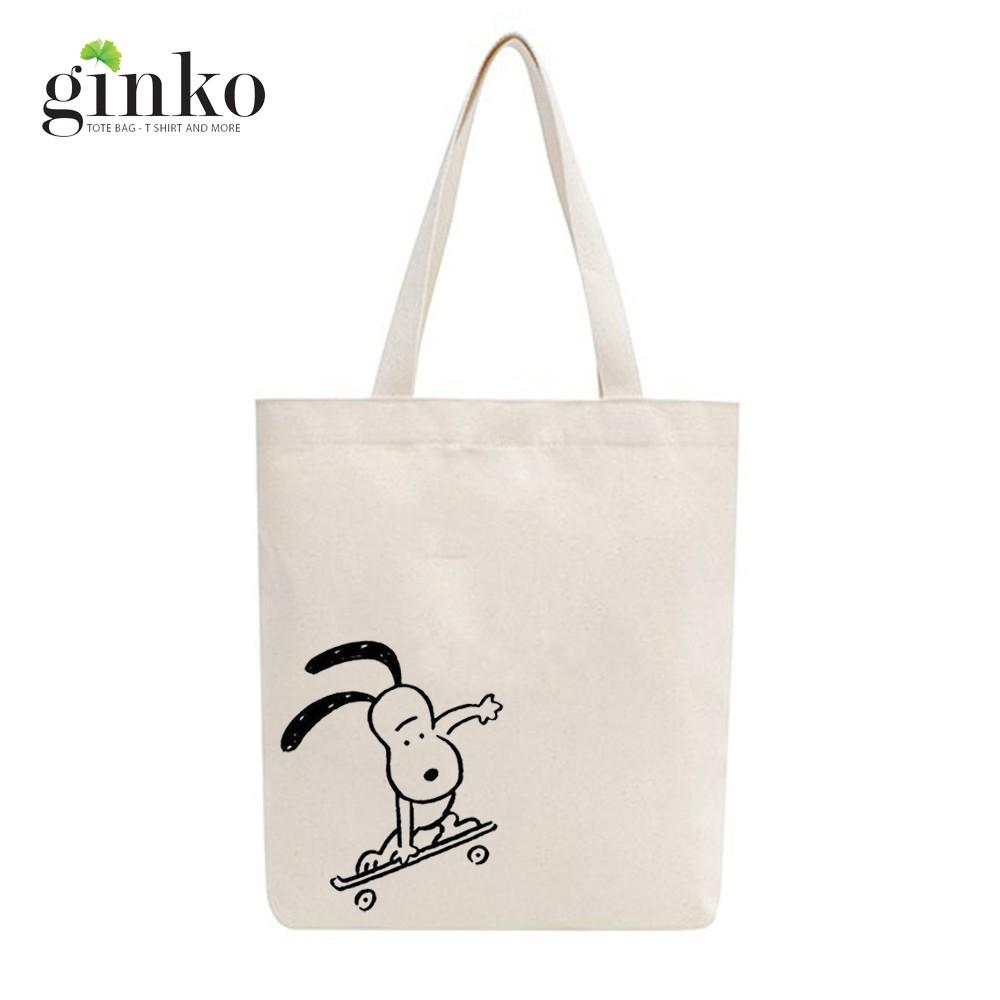 Túi Tote Vải Mộc Ginko kiểu basic có dây kéo khóa miệng túi đựng vừa laptop 14 inch và nhiều đồ dùng khác In Hình Snoopy Trượt Ván M22