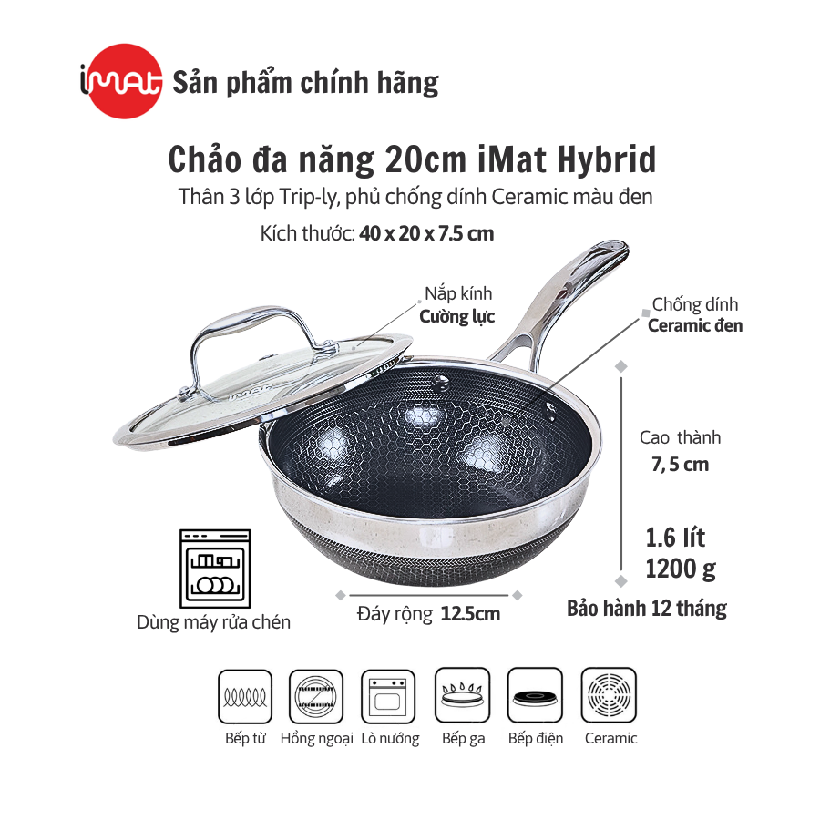 Hàng chính hãng Chảo xào đa năng sâu lòng inox iMat Hybrid Blackcube 20cm, Phủ chống dính Ceramic đen