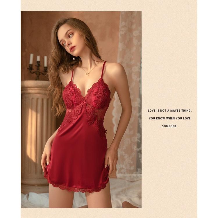 Váy ngủ sexy QUẢNG CHÂU-SX 43-Váy ngủ lua phối ren ngực nơ đan dây sexy QUẢNG CHÂU - hàng có sẵn(video+ ảnh