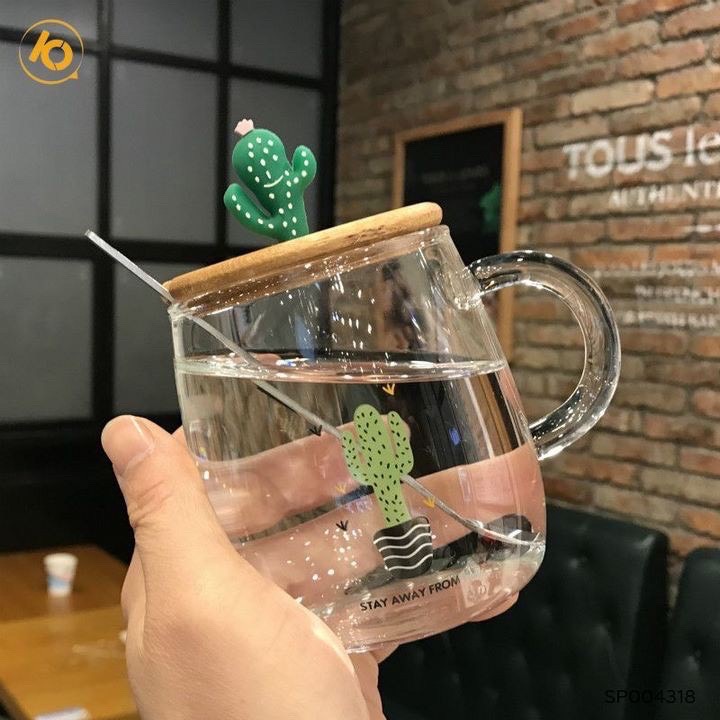 Cốc thủy tinh năm gỗ và thìa chịu nhiệt cường lực cao cấp