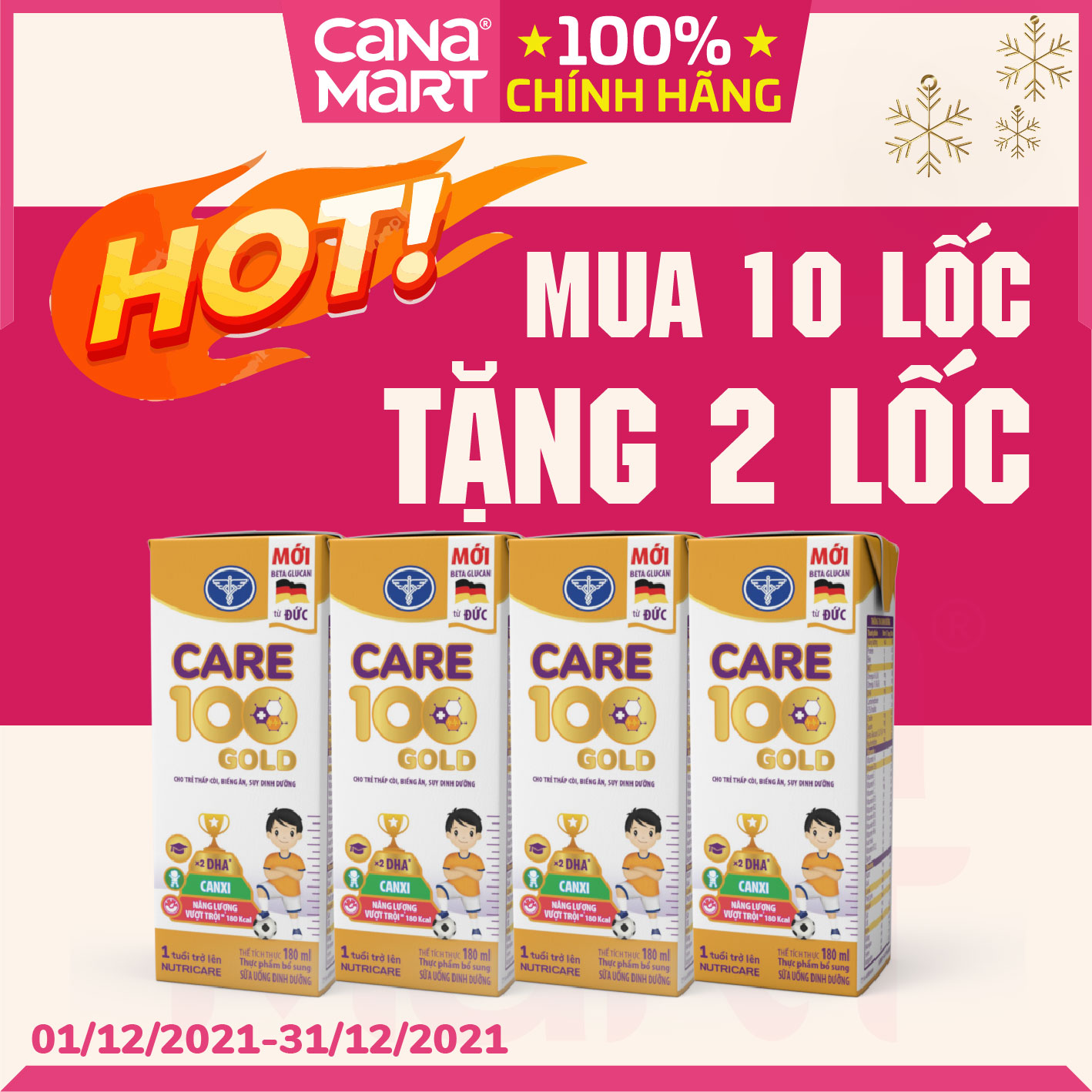 Thùng sữa nước pha sẵn Nutricare Care 100 GOLD cho trẻ thấp còi, biếng ăn từ 1 tuổi