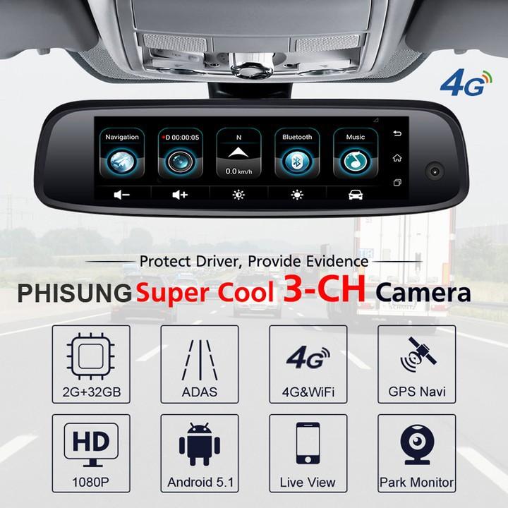 Camera hành trình cao cấp Phisung tích hợp 3 camera, 4G, Android, Wifi - E09-3 - Hàng Nhập Khẩu