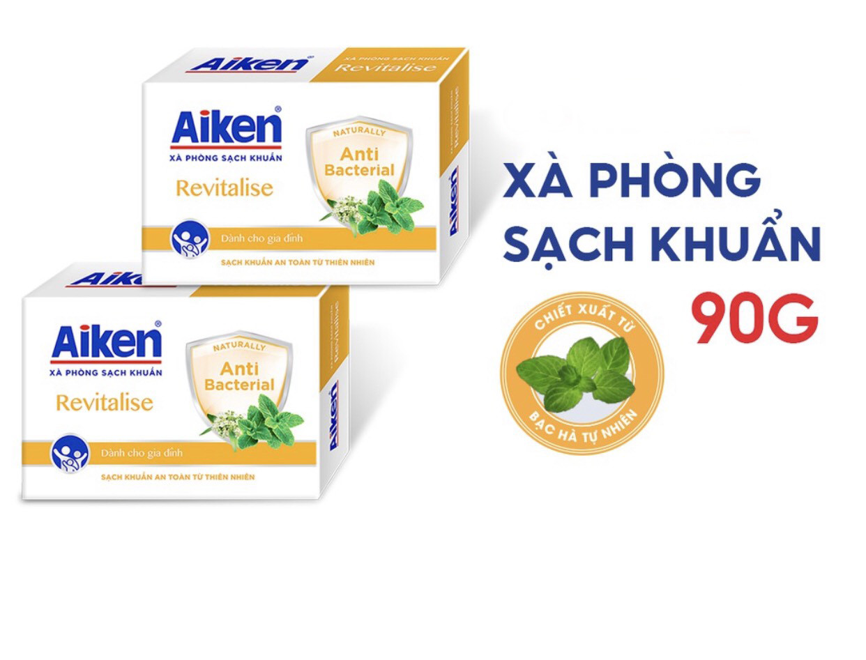 Bộ 2 Chai Sữa Tắm Aiken Sạch Khuẩn Revitalise Chiết Xuất Bạc Hà 350gr*2+ Tặng Xà Bông Cục Aiken 90gr