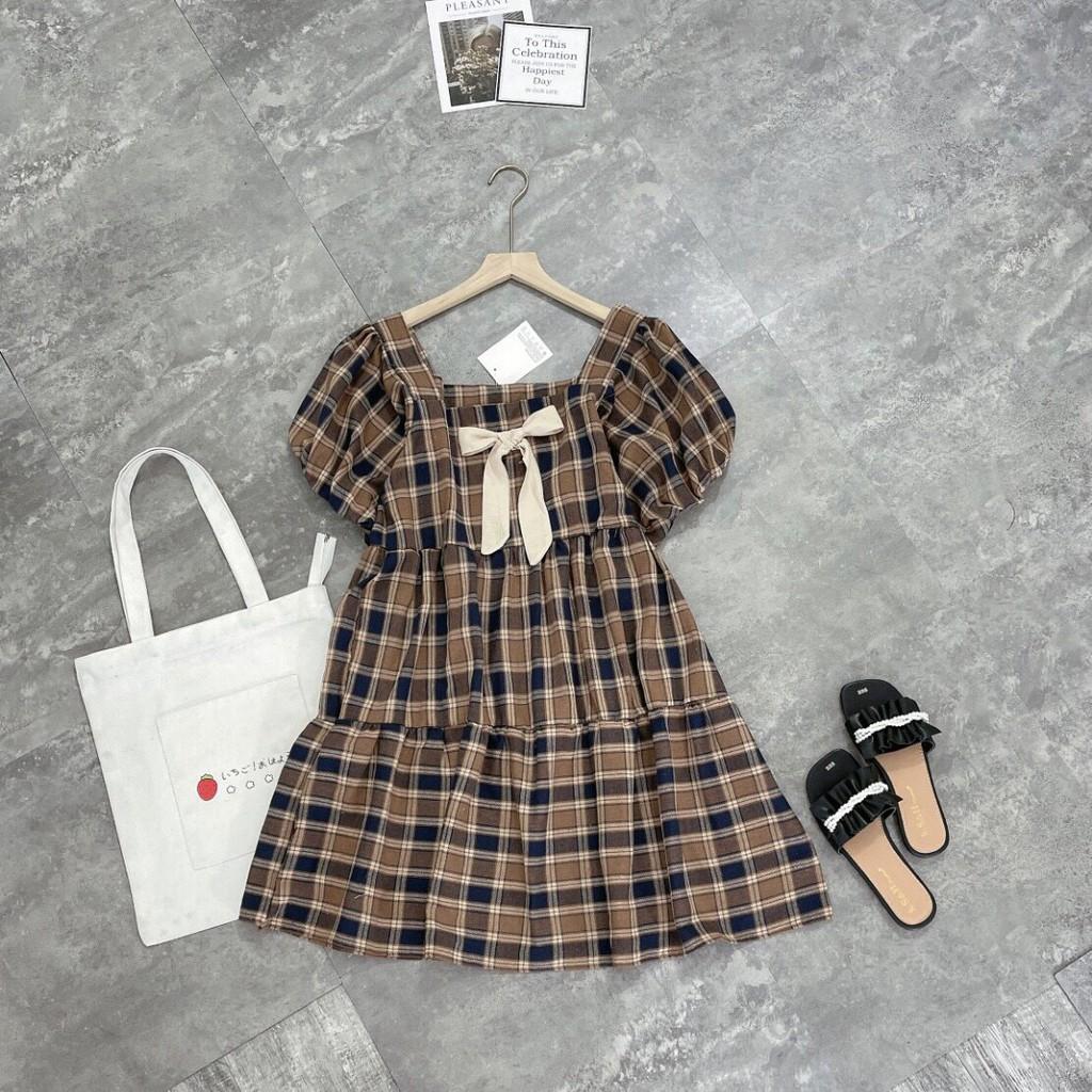 Đầm Babydoll Kẻ Caro Có Nơ Ngực Váy Babydoll Caro Tay Ngắn Có Nơ Ngực