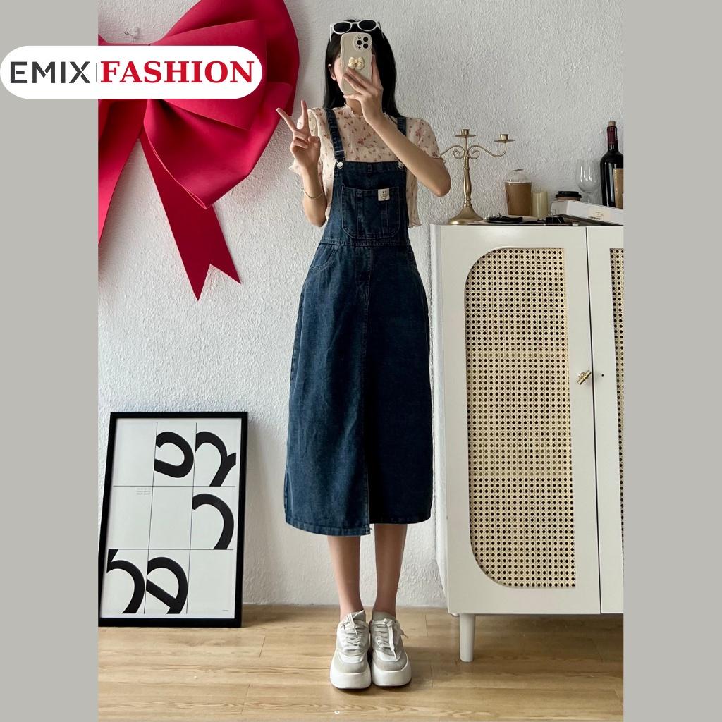 Váy yếm jeans form dài EMIX, yếm bò ullzang phong cách Hàn Quốc, midi, form rộng 0861