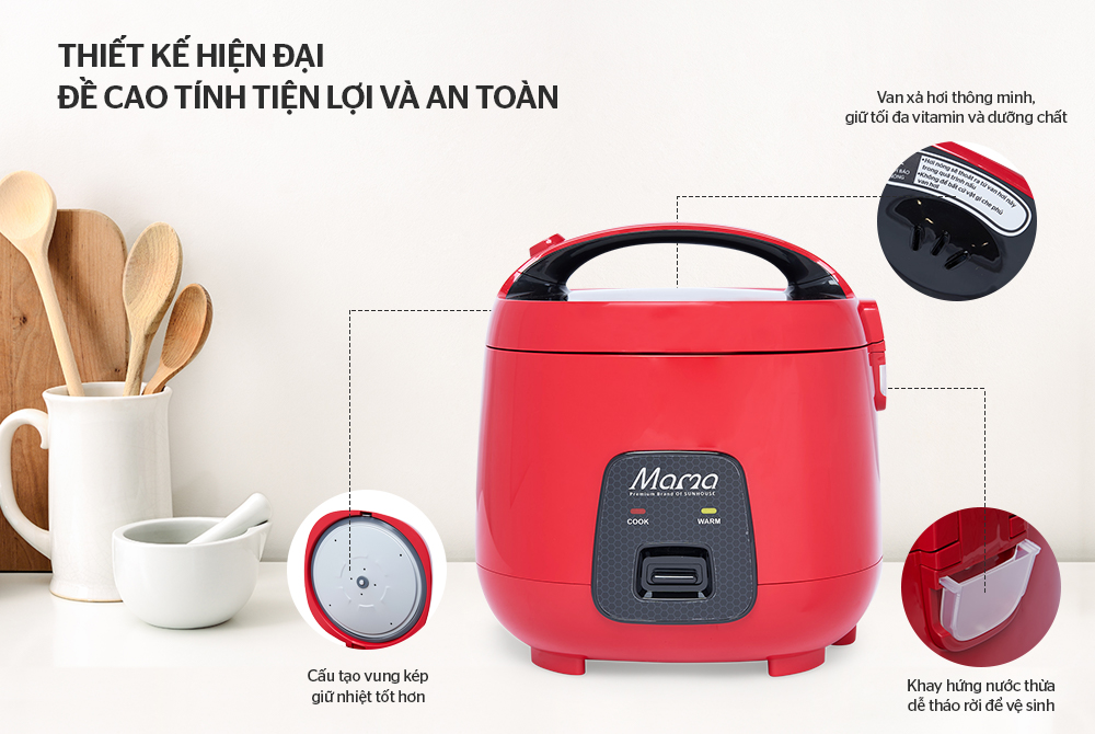 Nồi Cơm Điện 1.8 Lít Sunhouse Mama SHD8652R màu đỏ - Bảo hành điện tử 24 tháng toàn quốc