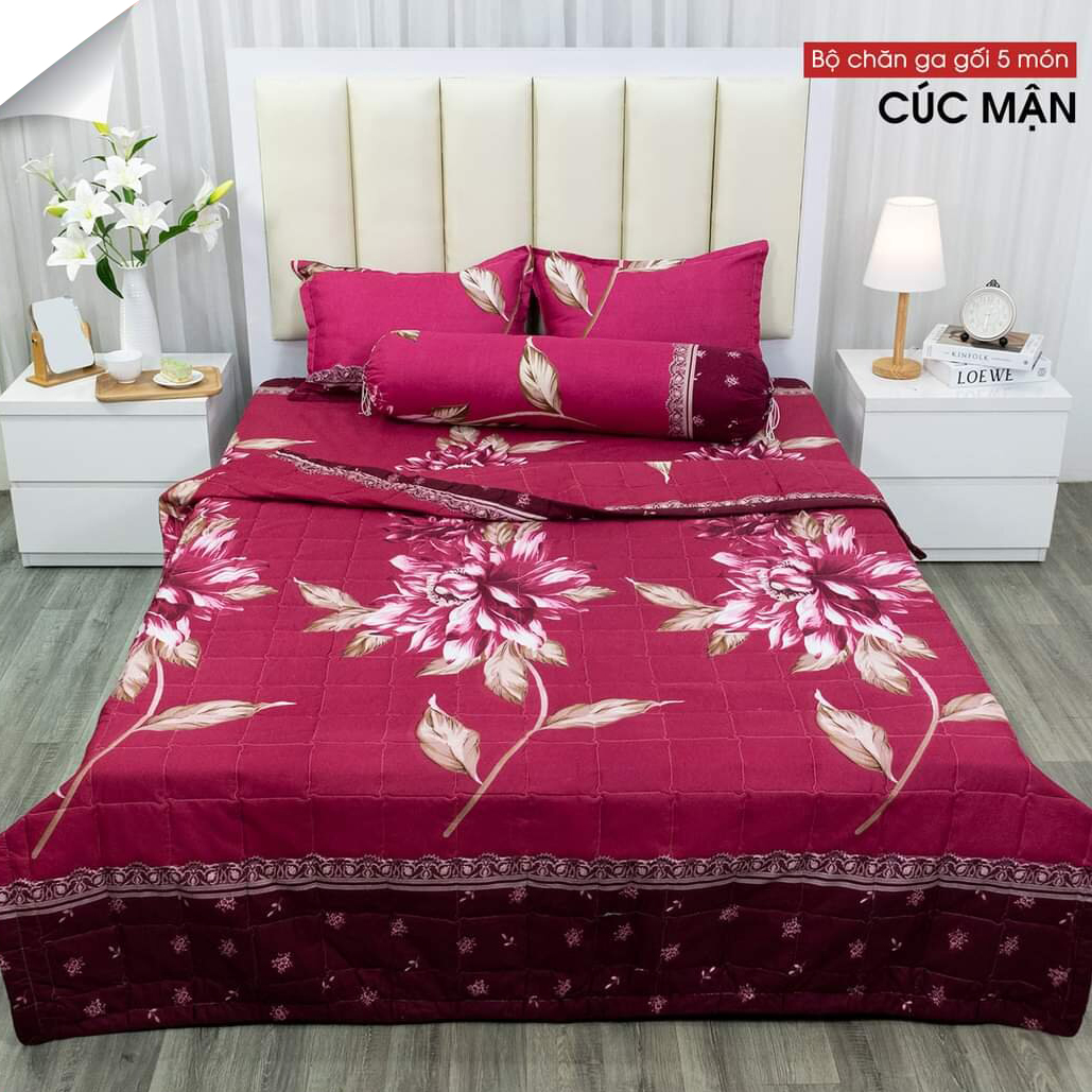 Combo 5 Món Cúc Mận Chăn Ga Gối Hoa Lá sang trọng cho không gian phòng ngủ - Tặng 1 Bosi