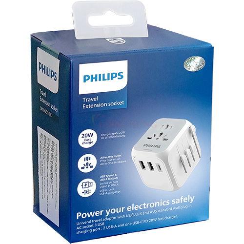 Ổ cắm điện Philips Travel Extension Socket 2USB 1Type-C PD20W SPN3351 - Hàng chính hãng