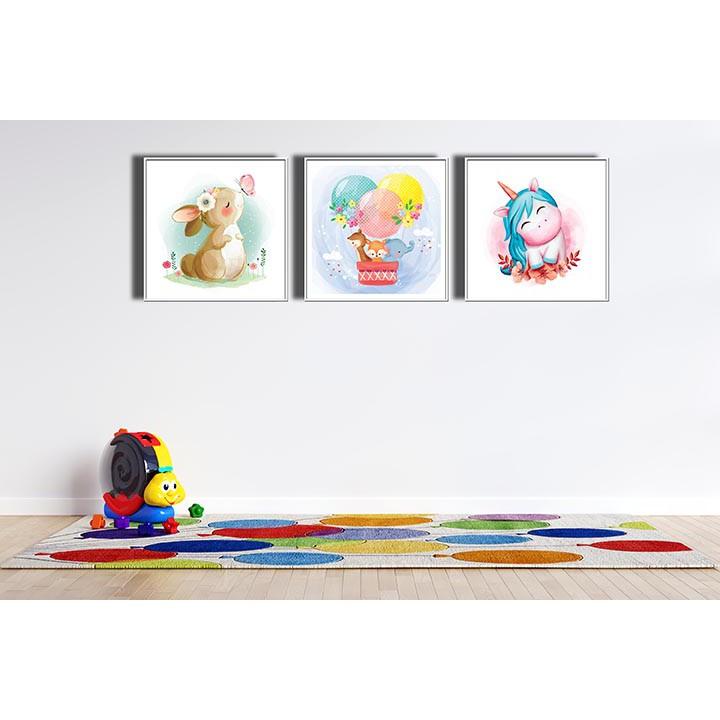 Bộ 3 tranh canvas trang trí phòng trẻ em Thỏ con, Ngựa một sừng và những người bạn - TTE001