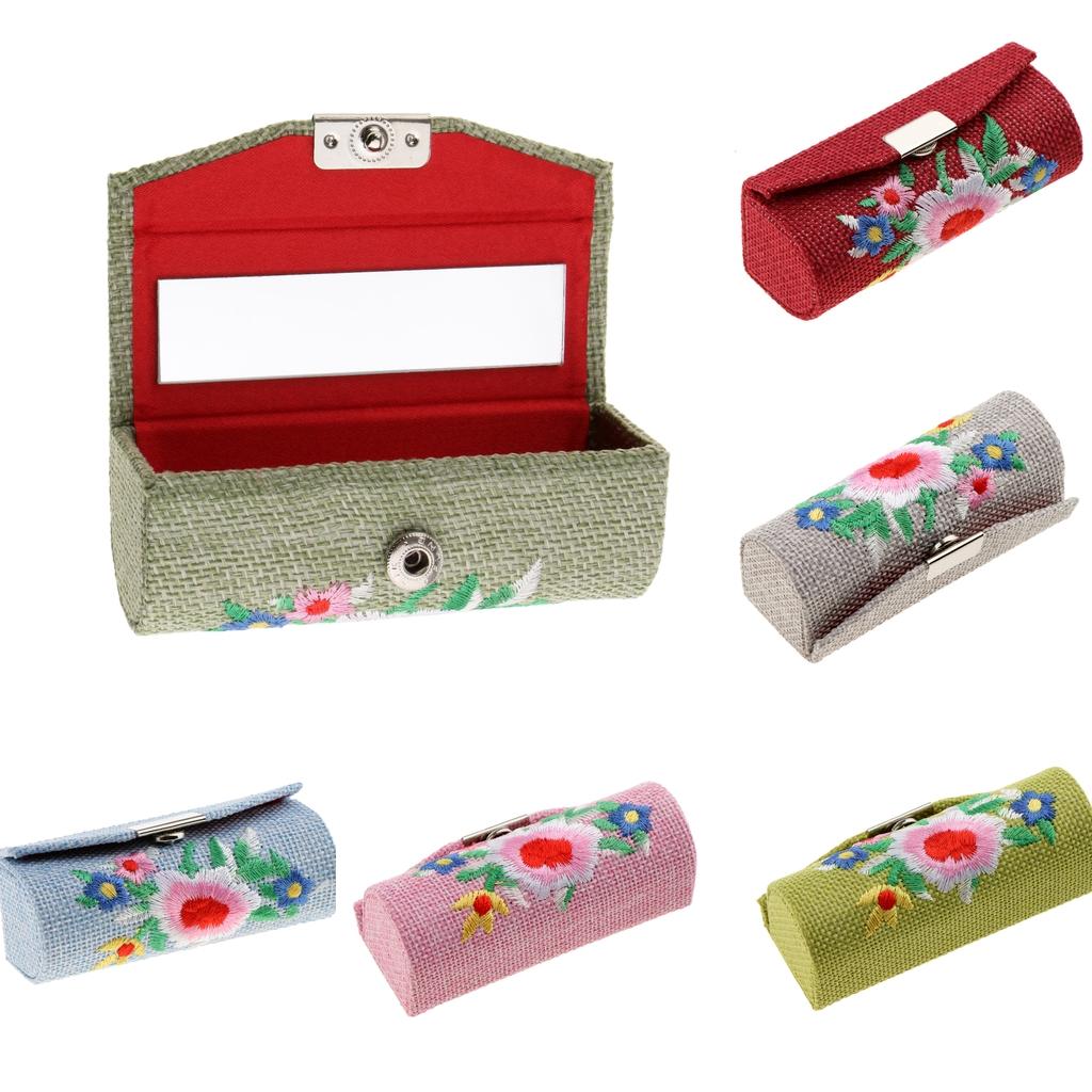 Lipstick Holder Case, Makeup Cosmetic Storage Lipstick Lip Gloss Box Organizer, Embroidered Flax Portable