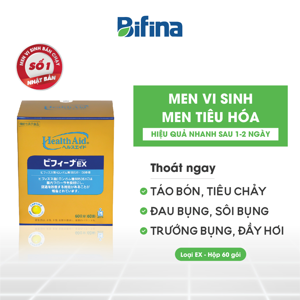 Men tiêu hóa Bifina Nhật Bản - Hỗ trợ giảm táo bón,tiêu chảy, rối loạn tiêu hó - Loại EX hộp 60 gói