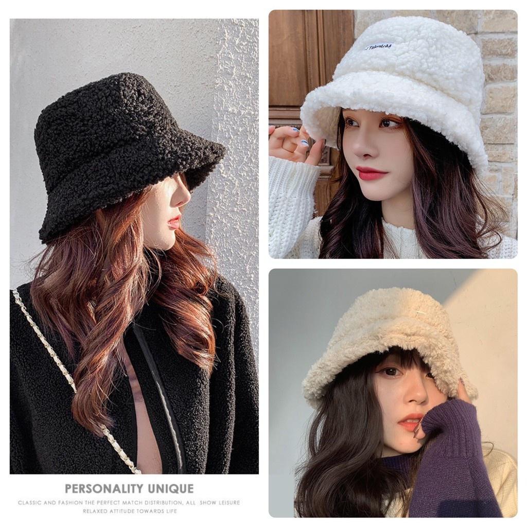 Mũ bucket lông cừu mềm mịn, thời trang Hàn Quốc