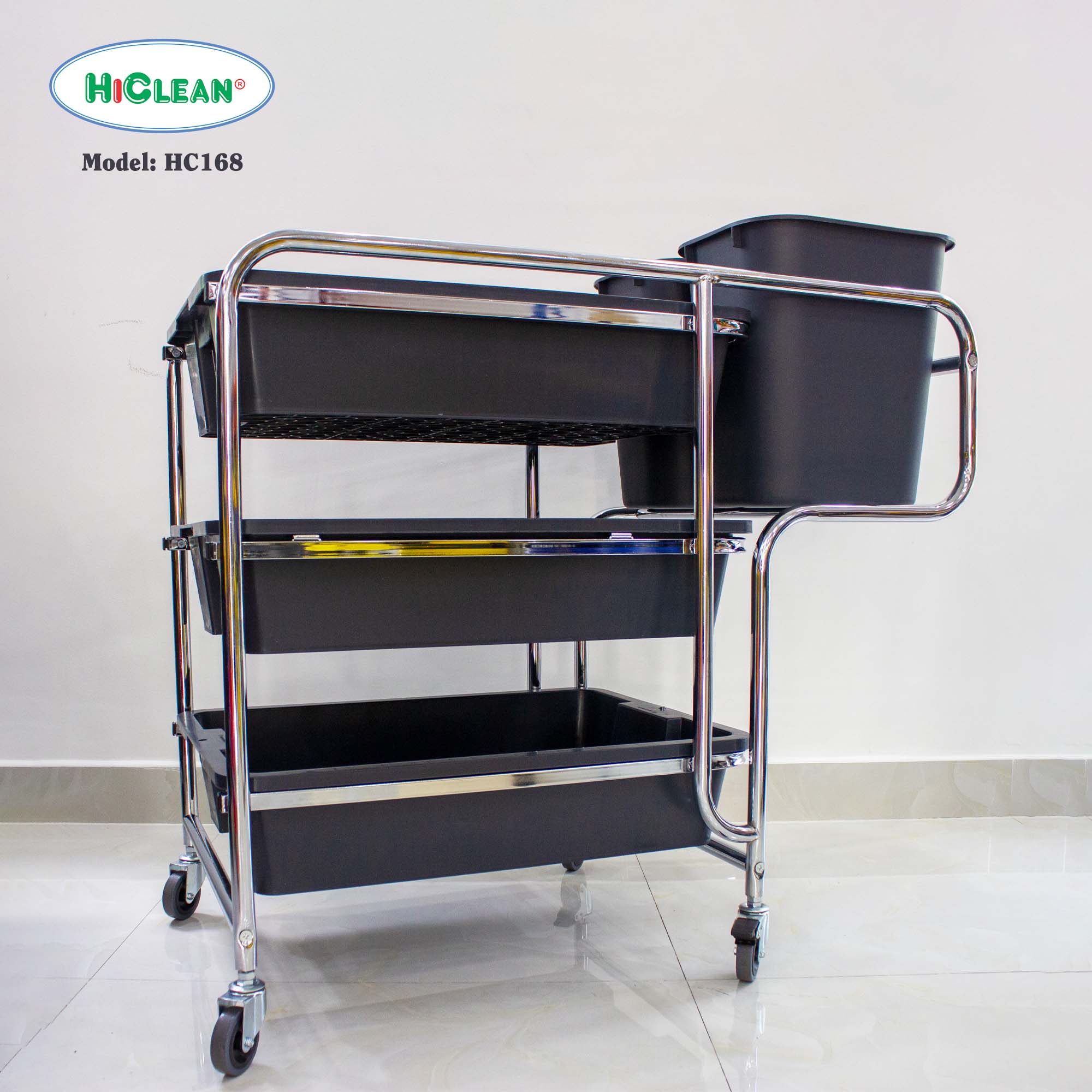 Xe đẩy dọn bát đĩa nhà hàng HiClean HC168 - 3 tầng, khung inox