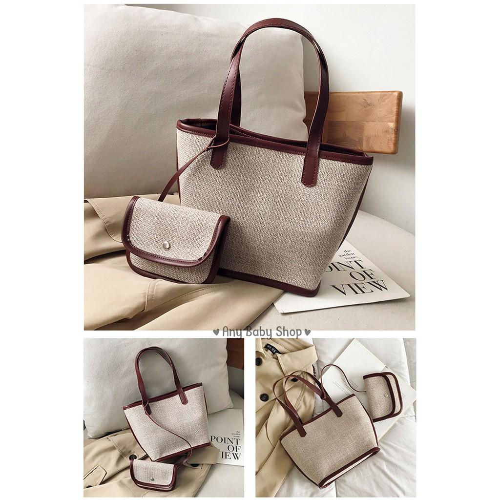 Túi xách - đeo vai - vải viền da phong cách Ulzzang 2 trong 1 có 3 màu