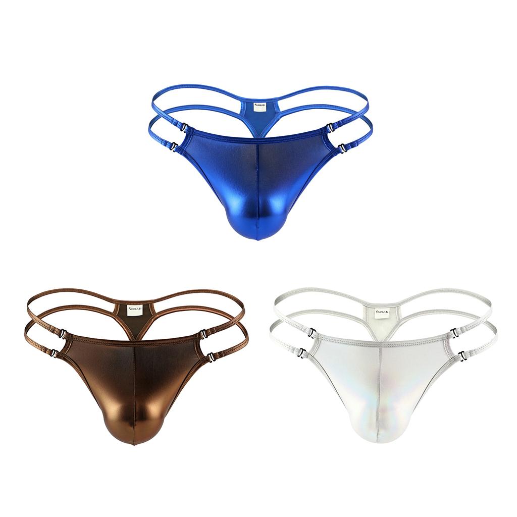 Men's Adjustable Wet Look Briefs Thong Underwear Tangas G-String T-back Blue