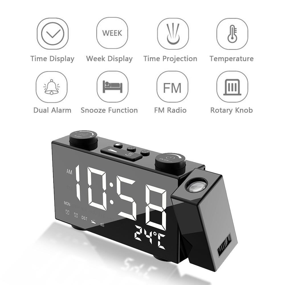 Đồng hồ báo thức có đài FM -màn hình LED 6inch- có máy chiếu xoay 180 độ báo động kép- chữ số trắng