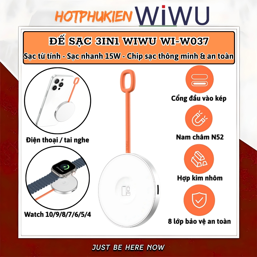 Đế Sạc không dây từ tính nam châm N52 sạc nhanh 15W hiệu WIWU Wi-W037 3in1 magnetic cho điện thoại cho iPhone tai nghe cho Airpods / cho Apple Watch cổng USB-C/L - Chip AI an toàn sạc, sạc cho iPhone 16 15 14 13 12 Pro Max Plus - Hàng nhập khẩu