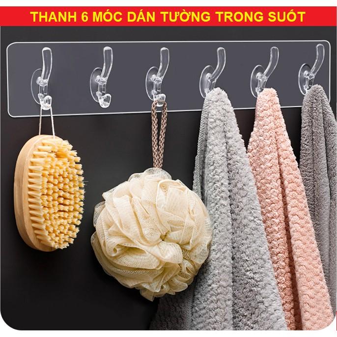 Móc dán tường, thanh 6 móc treo đồ dán tường nhà tắm nhà bếp siêu dính siêu chịu lực