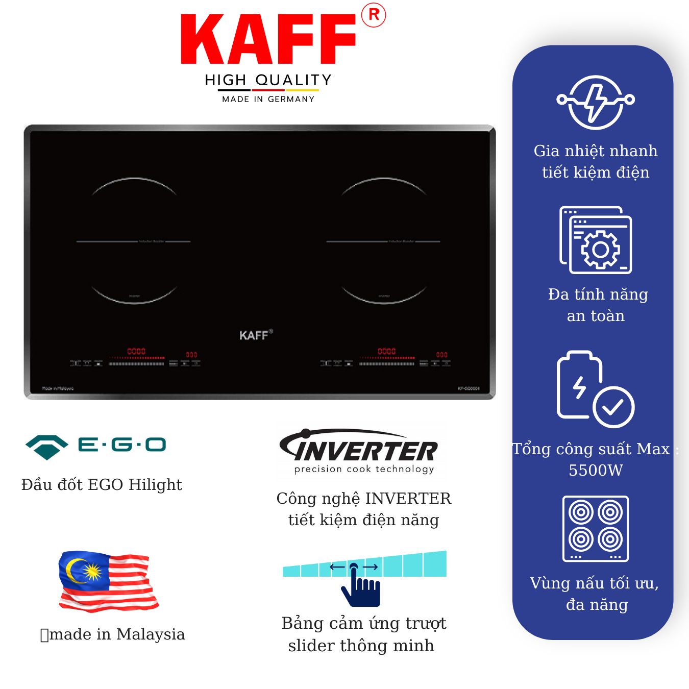 Bếp âm từ đôi nhập khẩu Malaysia KAFF KF-SD300II - Hàng chính hãng