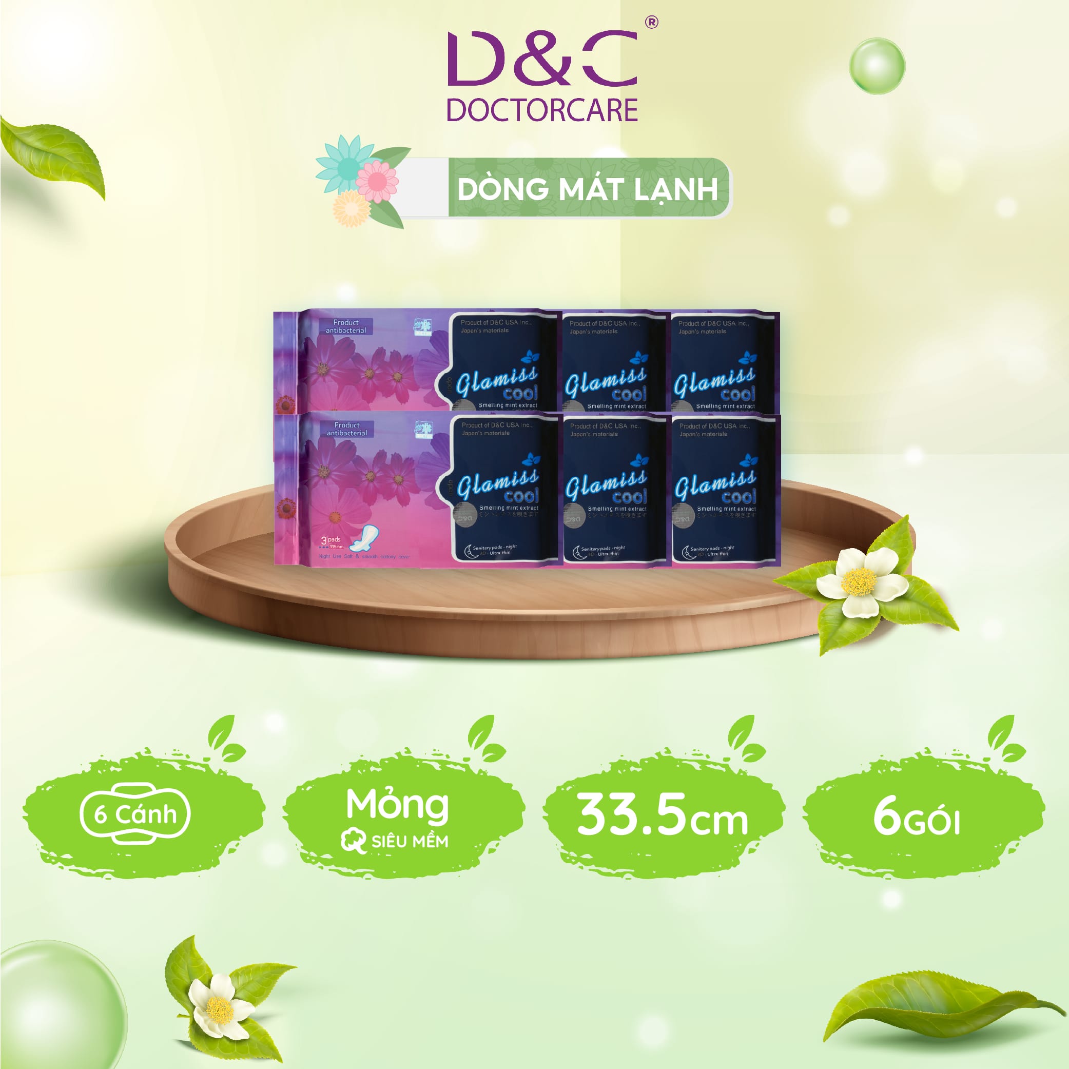Combo 6 Băng vệ sinh ban đêm Glamiss Cool thảo dược 33.8cm siêu mát siêu khô thoáng
