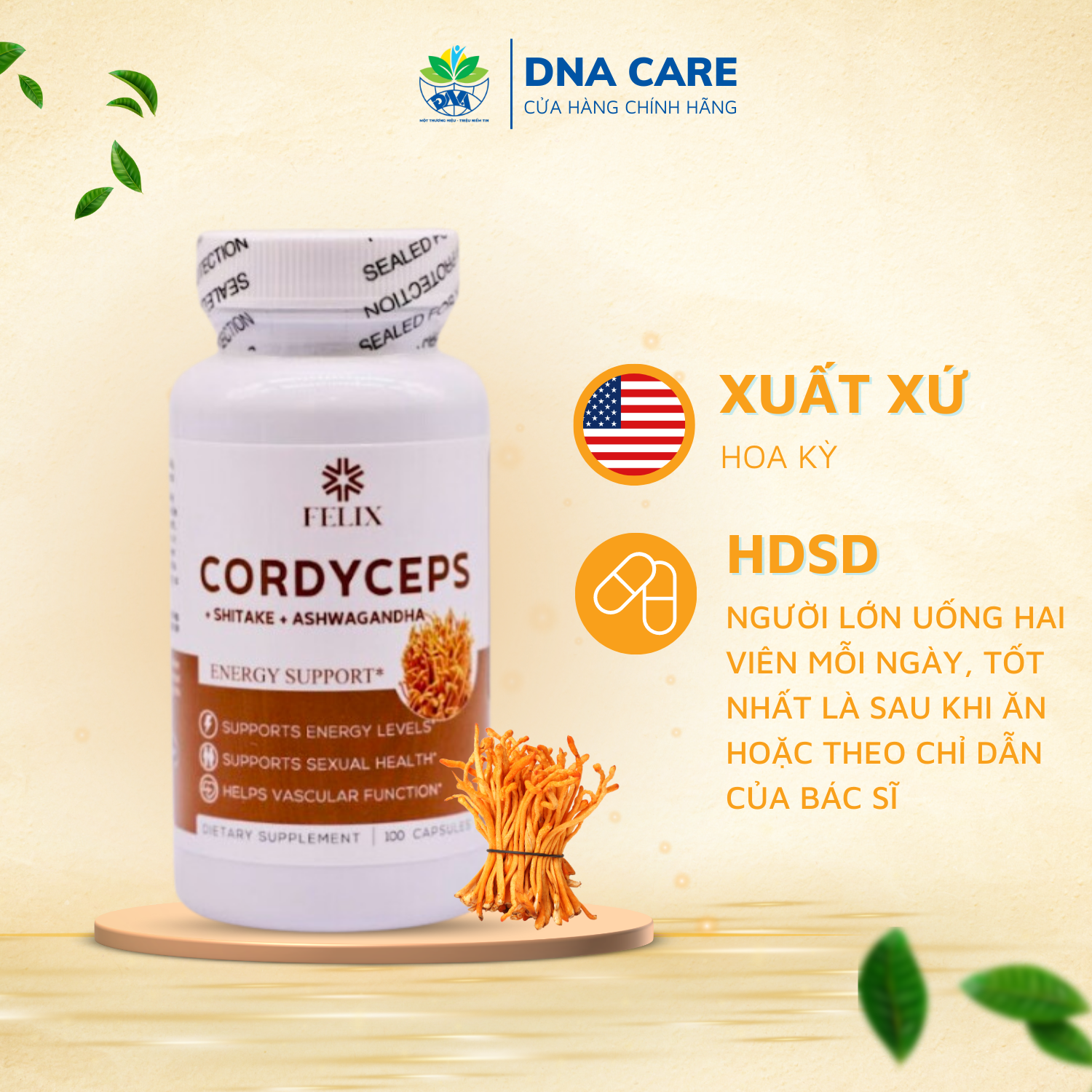 Viên nang đông trùng hạ thảo Cordyceps Mỹ Felix hộp 30/100 viên