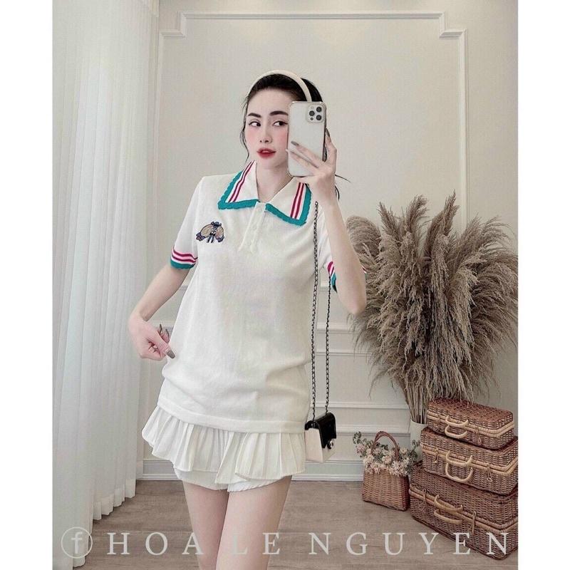 Áo len nữ dệt kim cộc tay cổ bẻ phối viền cổ và tay logo ngực