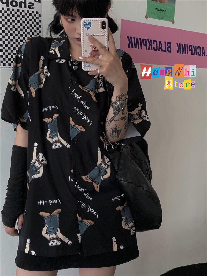 Áo Sơ Mi Hoạ Tiết Tay Lỡ Dáng Rộng, Sơ Mi Hoạt Hình Tay Lửng Unisex - MM