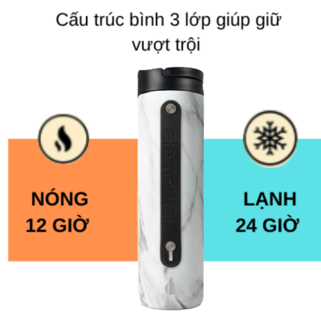 Bình giữ nhiệt Elemental Iconic sport màu vân đá 590ml, giữ nhiệt vượt trội, inox 304, FDA Hoa Kì, An toàn sức khỏe, có ống hút