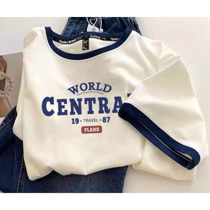 Áo Thun Nữ Baby Tee CENTRAL Cộc Tay Phối Viền In Chữ