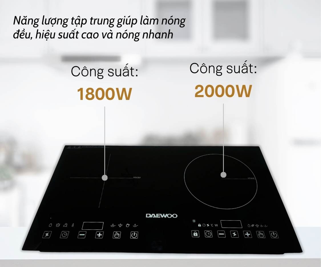 Bếp Đôi Điện Từ Hồng Ngoại Daewoo DWHB-3801C, mặt kính pha lê bóng 3800W, phù hợp mọi loại nồi - Hàng chính hãng