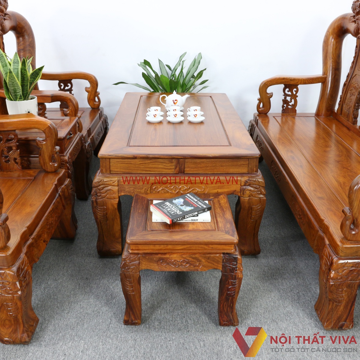 Bộ Bàn Ghế Salon Gỗ Hương Vân Tay 14 Chạm Đào 6 Món Cao Cấp