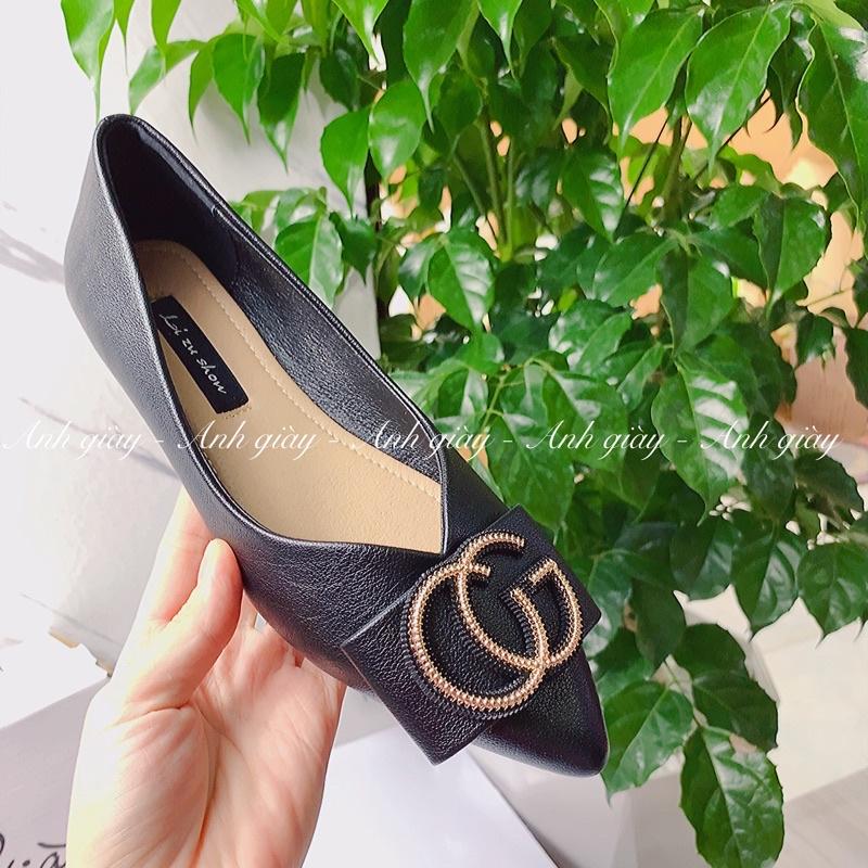 GB01 - Giày bệt , giày búp bê nữ da lì ,mũi nhọn đế cao su dẻo khoá chữ CG a mềm êm phù hợp đi học đi chơi 2 màu đen kem