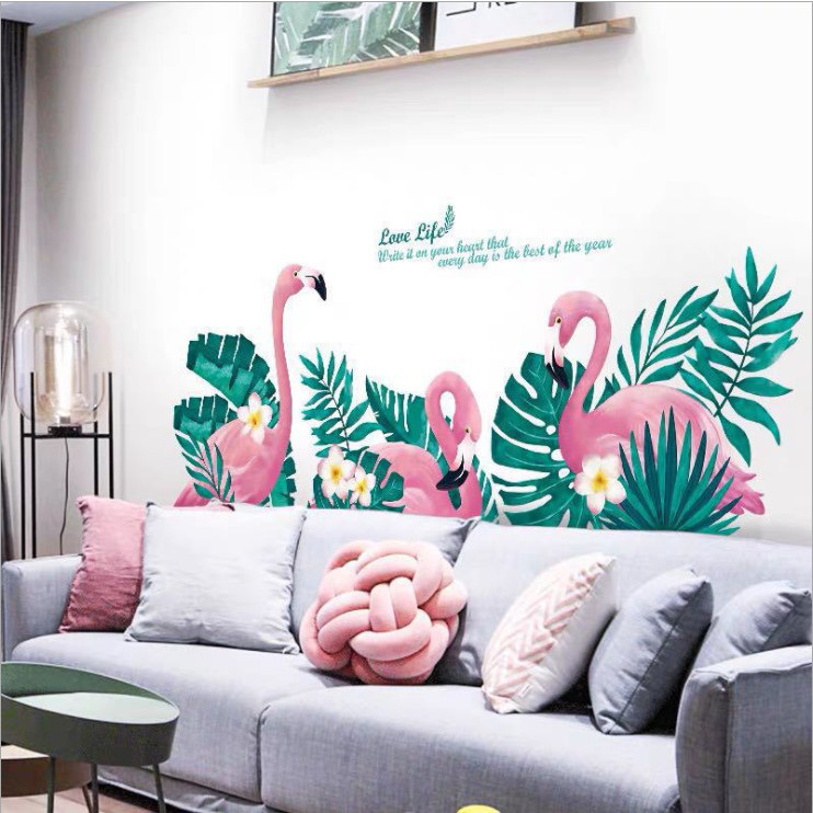 Decal dán tường 3D phong cách Hàn Quốc Hạc hồng và lá xanh, decan cao cấp có keo sẵn