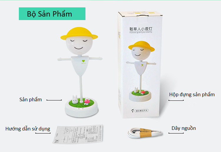 Đèn ngủ cảm ứng rung để bàn hình bù nhìn đáng yêu (Tặng bộ 6 con bướm dạ quang phát sáng)